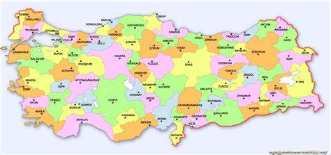 Türkiye Haritası Siyasi Şehir İsimleri Listesi İle Birlikte Renkli
