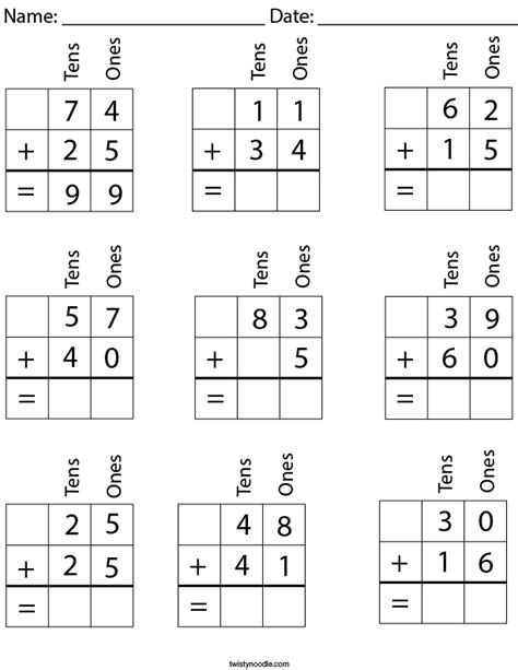 Adding Two Digit Numbers Using Place Value Worksheets