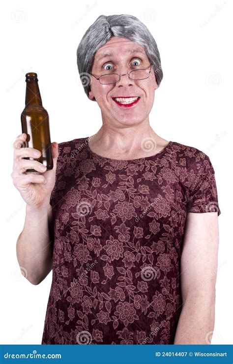 Funny Ugly Mature Senior Woman Drunk Drinking Beer Stock Image 24014407