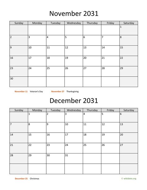 November And December 2031 Calendar