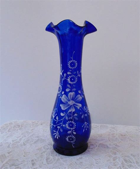 Antique Victorian Bohemian Hand Blown Cobalt Blue Glass Enameled Vase Blue Glass Vase Vase