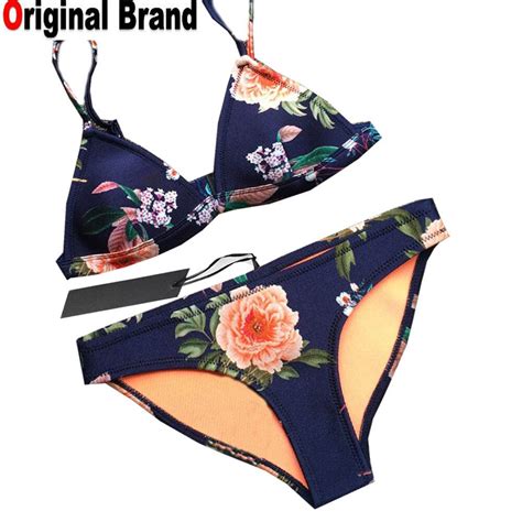 Sexy Floral Print Push Up Women Real Neoprene Bikini Set