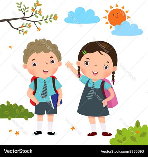 Two Kids In School Uniform Going To School Vector Image