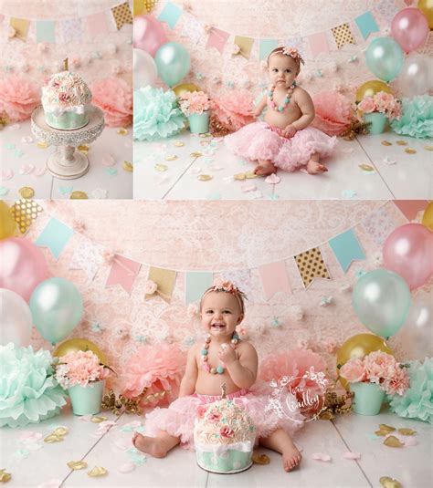 Pale Pinks With Mint Green Accents Baby Cake Smash 1st Birthday Cake