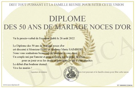 Diplome Des 50 Ans De Mariage Noces D Or