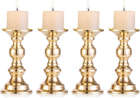 Set Of 4 Gold Metal Pillar Candle Holders Wedding Centerpieces