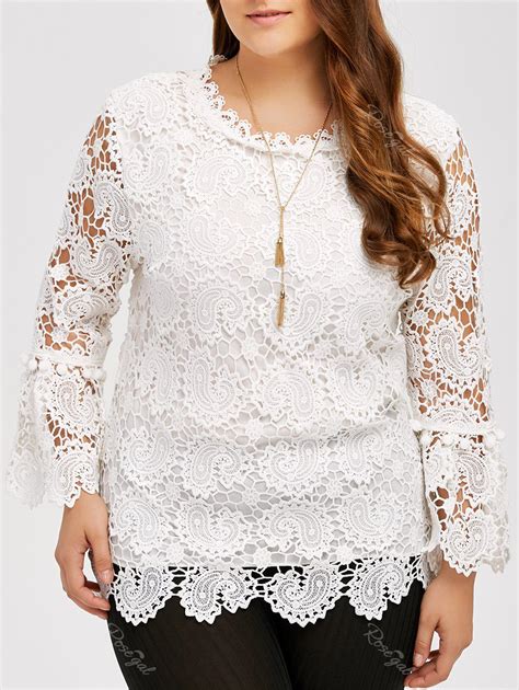 2018 Plus Size Openwork Sheer Lace Blouse In White One Size