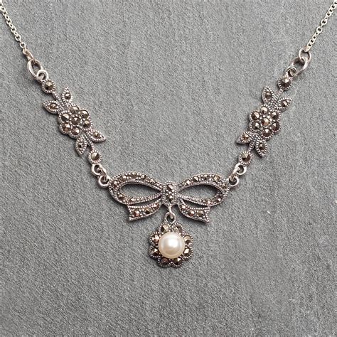 Sterling Silver And Marcasite Pearl Necklace By Bloom Boutique