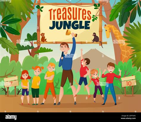 Kids Activity Tv Show With Treasures And Jungle Symbols Flat Vector