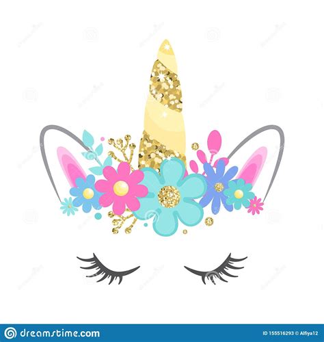 Illustration About Unicorn Face With Closed Eyes And Flowers Gold