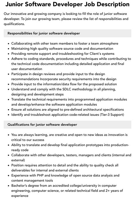 Junior Software Developer Job Description Velvet Jobs