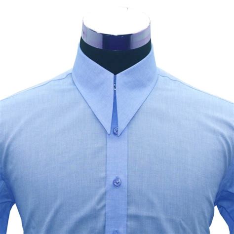 100 Cotton Plain Blue Spear Long Pointed Collar Dress Shirt Mens