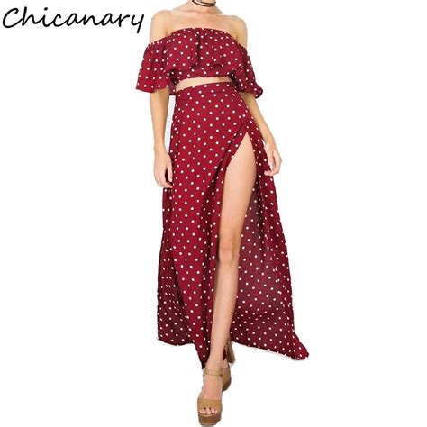 chicanary two piece boho long dress women elegant sexy polka dot spit dresses 2018 off shoulder