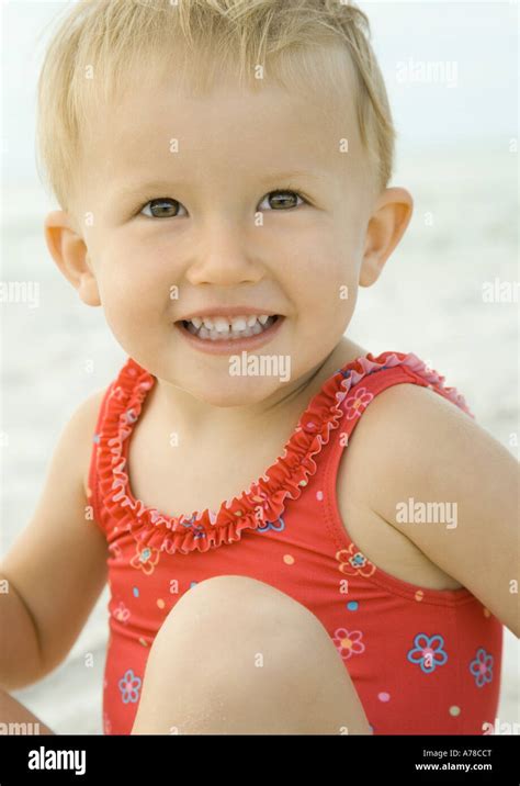 Baby Girl On Beach Close Up Portrait Stock Photo Alamy