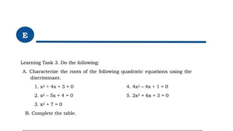 g9 learning task 3 a characterize the roots of the following quadratic equation using