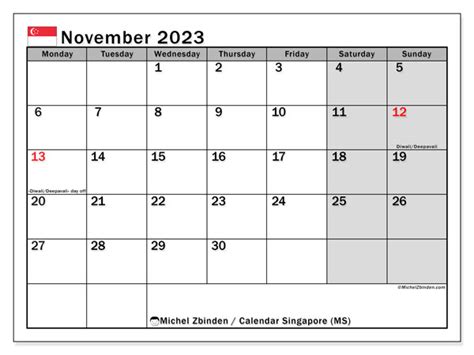November 2023 Printable Calendar “483ms” Michel Zbinden Sg