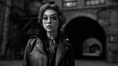 black and white glasses woman girl short hair model leather jacket wallpaper
