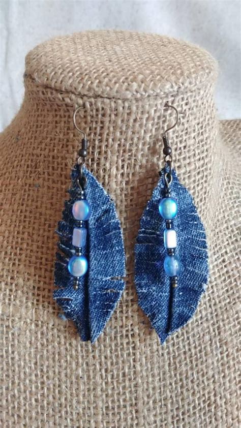 Upcycled Denim Feather And Bead Earrings Etsy Denim Crafts Denim