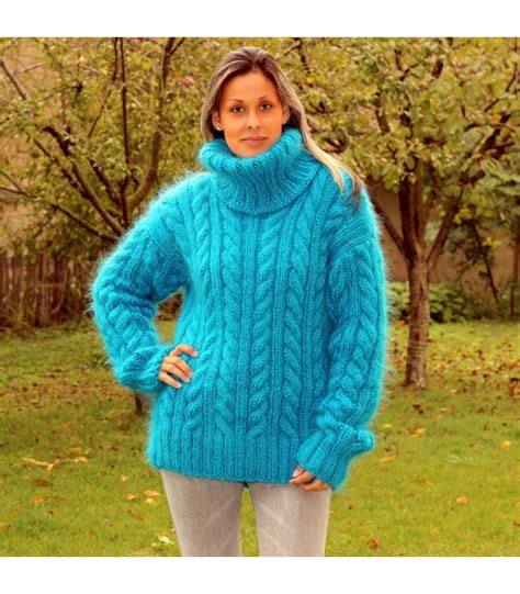 Light Blue Cable Hand Knit Mohair Sweater By Extravagantza