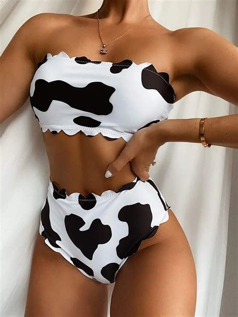 Plavky Women Sexi Cow Print Scalloped Bandeau High Waist Bikini Set