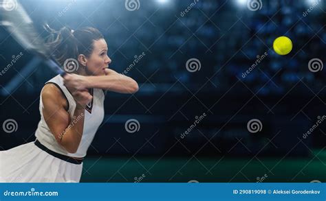 Female Tennis Player Hitting Ball With A Racquet During Championship Match Professional Woman