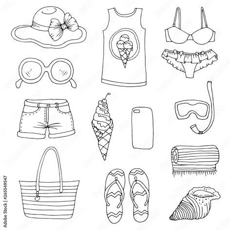 Vector Hand Drawn Set Icons Signs Summer Fashion Beachwear And