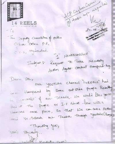 The format of formal letters are provided here. Telugu Entertainment: Mahesh '1' Makers Complaint at CCS