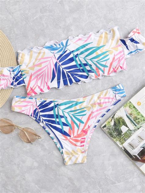 Online Shopping For Leaf Print Ruffle Hem Bikini Set From A Great