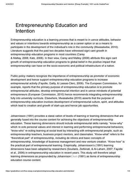 Entrepreneurship Education And Intention Essay Example 1401 Words