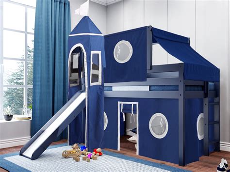 Jackpot Castle Low Loft Bed With Slide Blue And White Tent And Tower Twin Blue