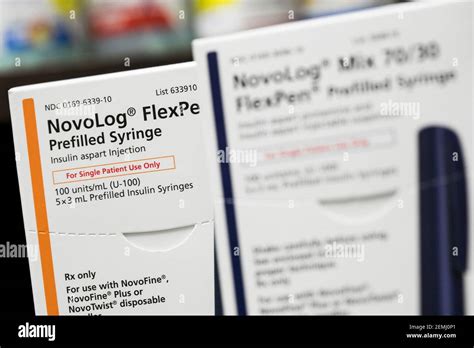 Packages Of Novolog Insulin Injectors Manufactured By Novo Nordisk Photographed In A Pharmacy