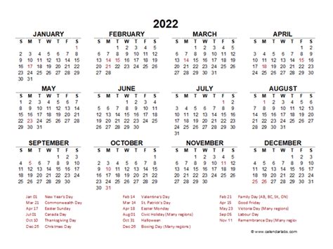 2022 Calendar Printable With Canadian Holidays Shopmallmy