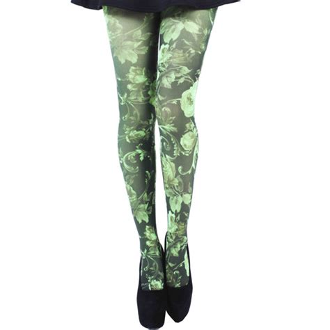 Green Floral Patterned Tights Malka Chic