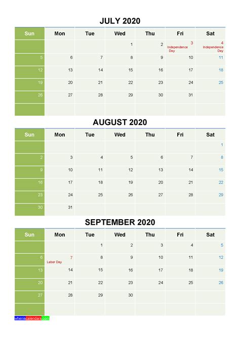 Free July August September 2020 Printable Calendar Template Free