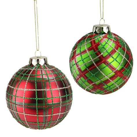 Set Of 2 Red And Green Plaid Glass Ball Christmas Ornaments 325 80mm