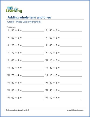 How many tens and ones? Grade 1 Place Value Worksheet on adding whole tens and ...