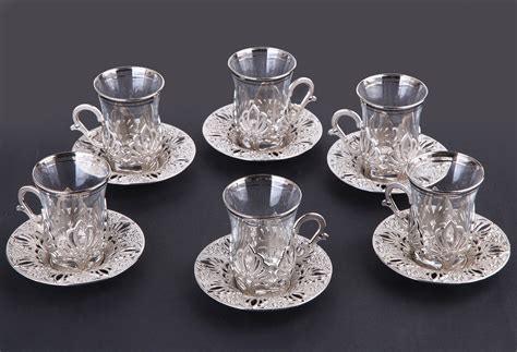 Silver Color Ahu Turkish Tea Cups Set For Six Person Traditional Turk