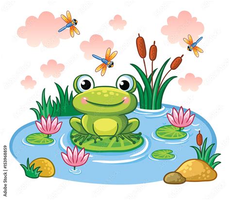 Vetor De The Frog Sits On A Leaf In The Pond Vector Illustration In