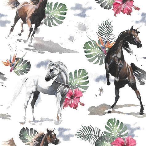 Cavalos De Aquarela Desenho Animado Cor Pastel Flor Tropical