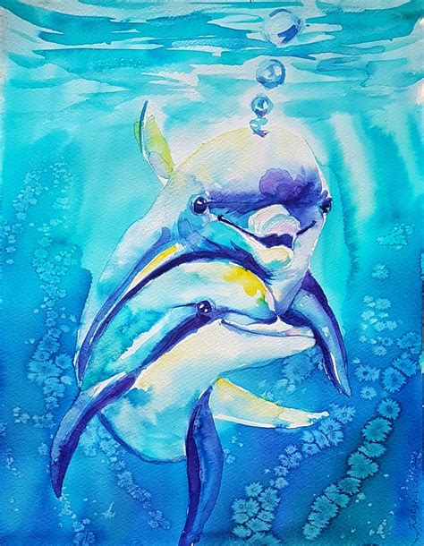 Dolphins Original Watercolor Painting Ocean Art Nursery Wall Etsy