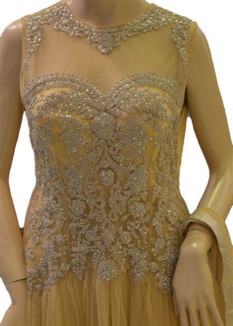 Beige Pleated Embroidered Net Gown Gowns Womens Wear