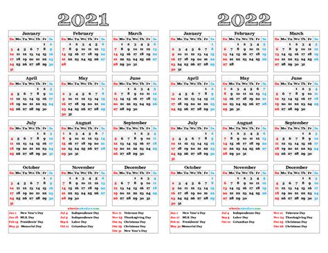2021 And 2022 Printable Calendar With Holidays
