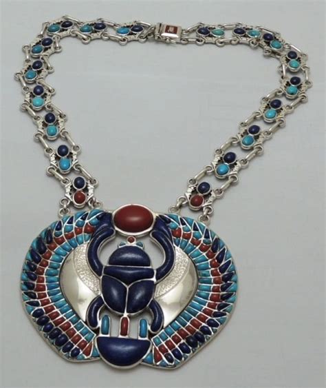 Hallmark Egyptian Pharaoh Silver Necklacewinged Scarab Precious Gemstones