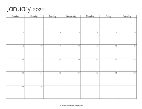 20 January 2022 Calendar Printable With Holidays Blank Free
