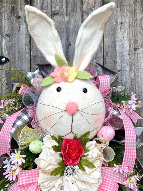 Easter Wreath, Bunny Wreath, Rag Bow Easter Wreath, Bunny Head Wreath ...