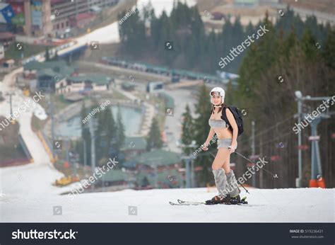 Sexy Beautiful Naked Female Skier Standing Stock Photo