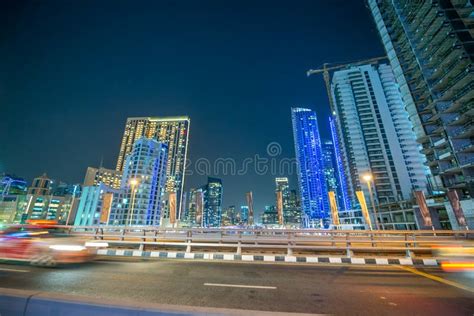 Dubai Marina Night Skyline From The Bridge United Arab Emirates Stock
