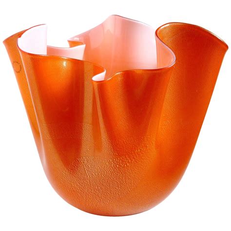 Venini Murano Orange White Gold Italian Art Glass Fazzoletto Flower Vase At 1stdibs Murano