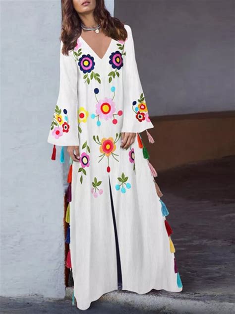 white floral embroidery tassel slit mexican bohemian vintage maxi dress maxi dresses dresses