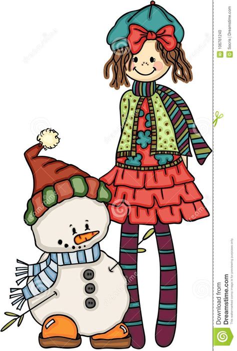 Little Girl With Cute Snowman Stock Vector Illustration Of Decoration
